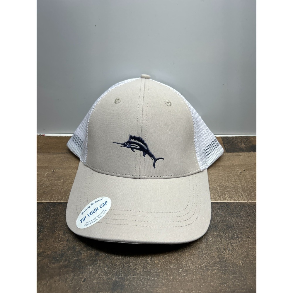 Tommy Bahama Trucker Hat Mens One Size Beige‎ Snapback Embroidered Marlin Logo